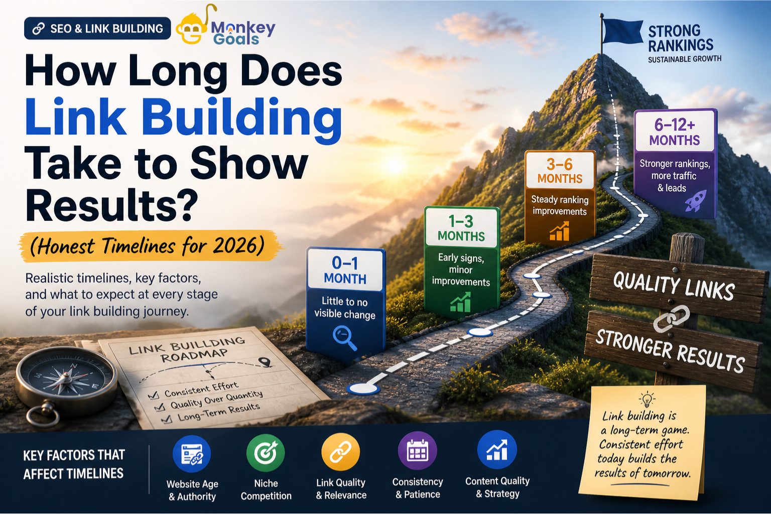 Link building timeline infographic showing expected SEO results from 0–12+ months, highlighting early signals, ranking improvements, and long-term growth from quality backlinks.