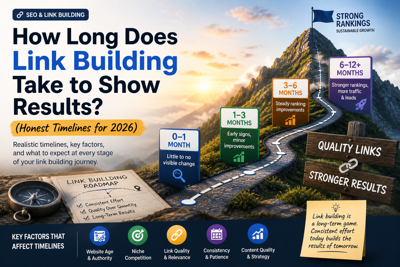 Link building timeline infographic showing expected SEO results from 0–12+ months, highlighting early signals, ranking improvements, and long-term growth from quality backlinks.