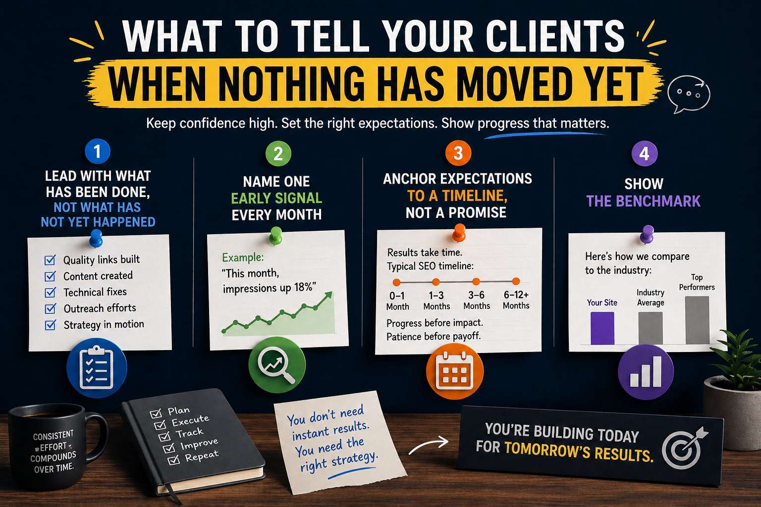 SEO reporting infographic explaining how to communicate progress to clients when rankings haven’t improved yet, including early signals, timelines, benchmarks, and ongoing link building efforts.