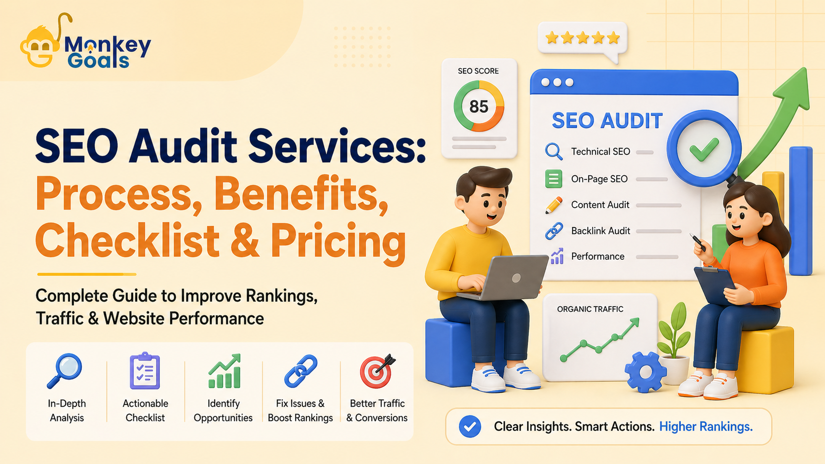 SEO audit services illustration showing checklist, technical SEO, content audit, backlinks, and ranking growth