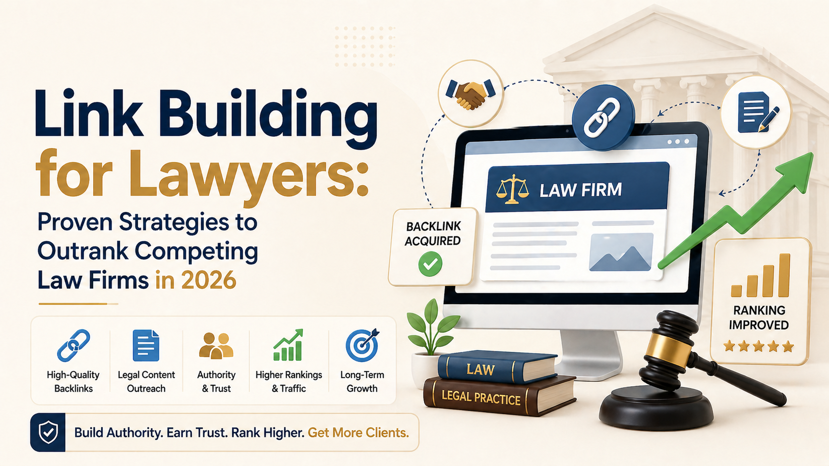 Link building for lawyers illustration showing backlinks, law firm website, SEO growth, and improved search rankings