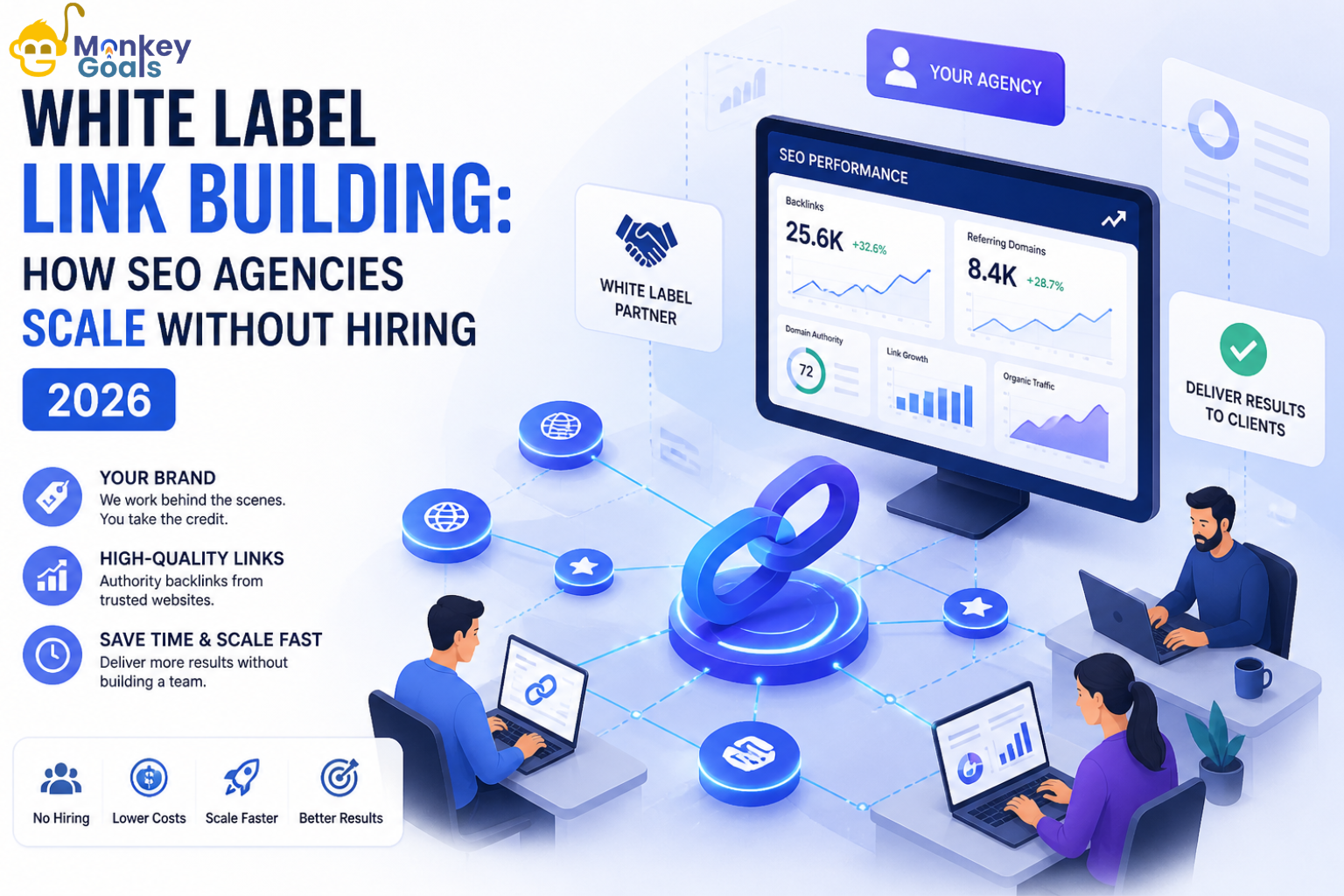 White label link building illustration showing SEO agencies scaling with backlinks, outreach, and performance dashboards
