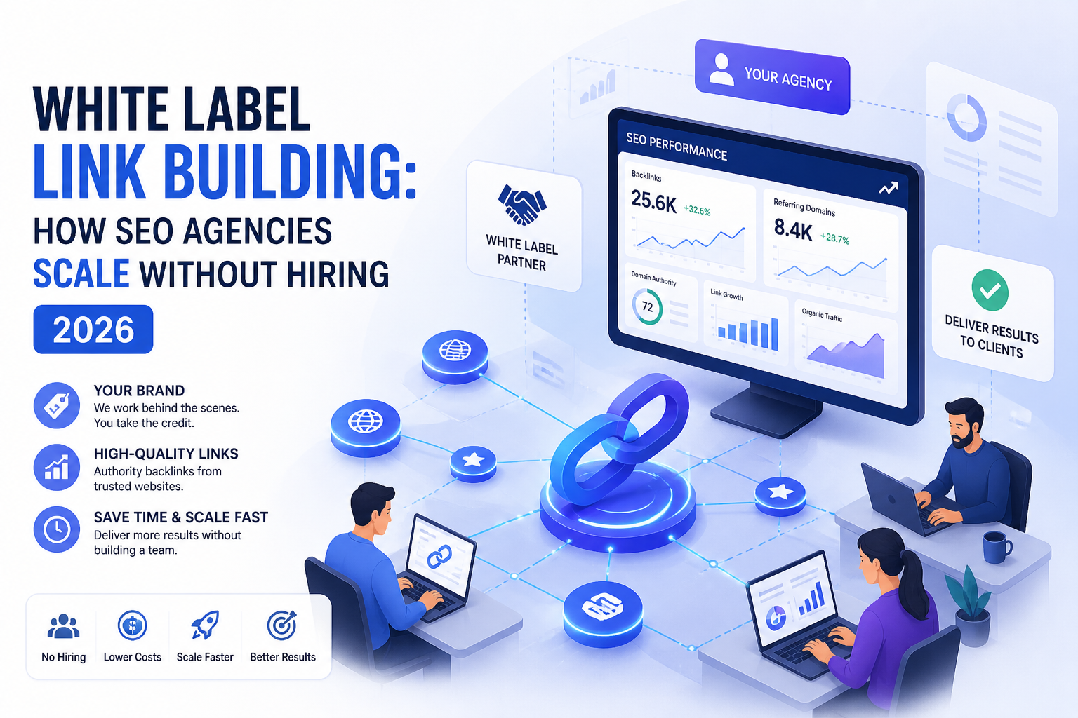 White label link building illustration showing SEO agencies scaling with backlinks, outreach, and performance dashboards
