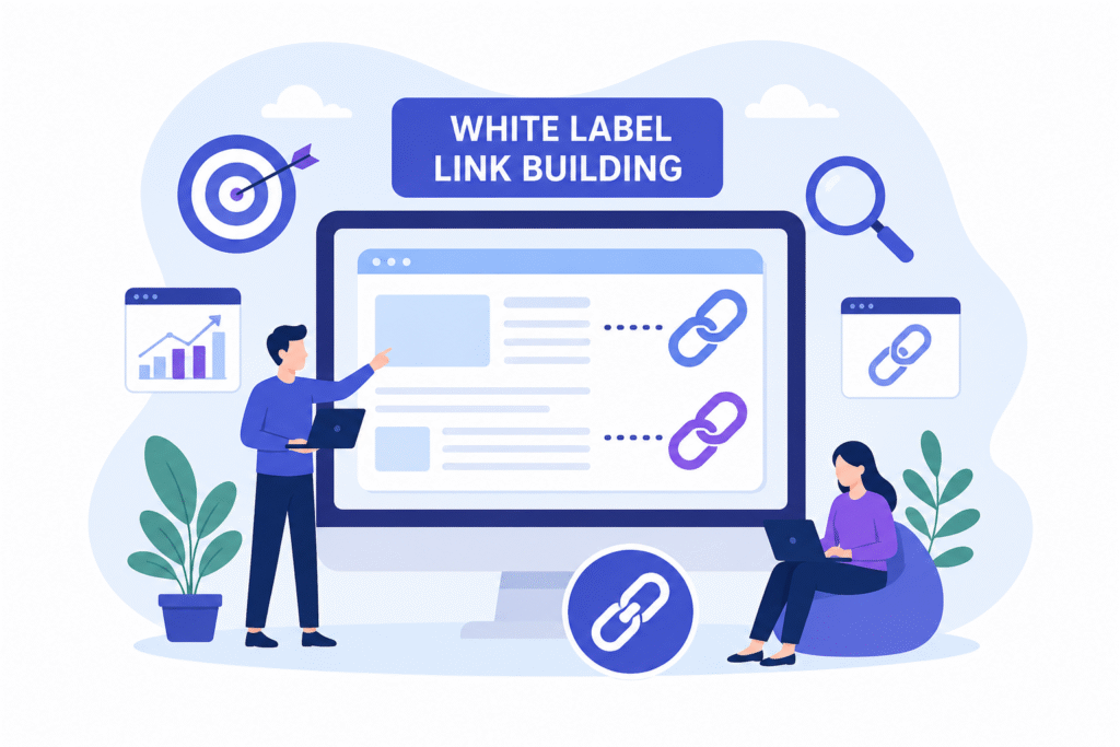 White label link building illustration showing backlink outreach, website linking, and SEO authority building