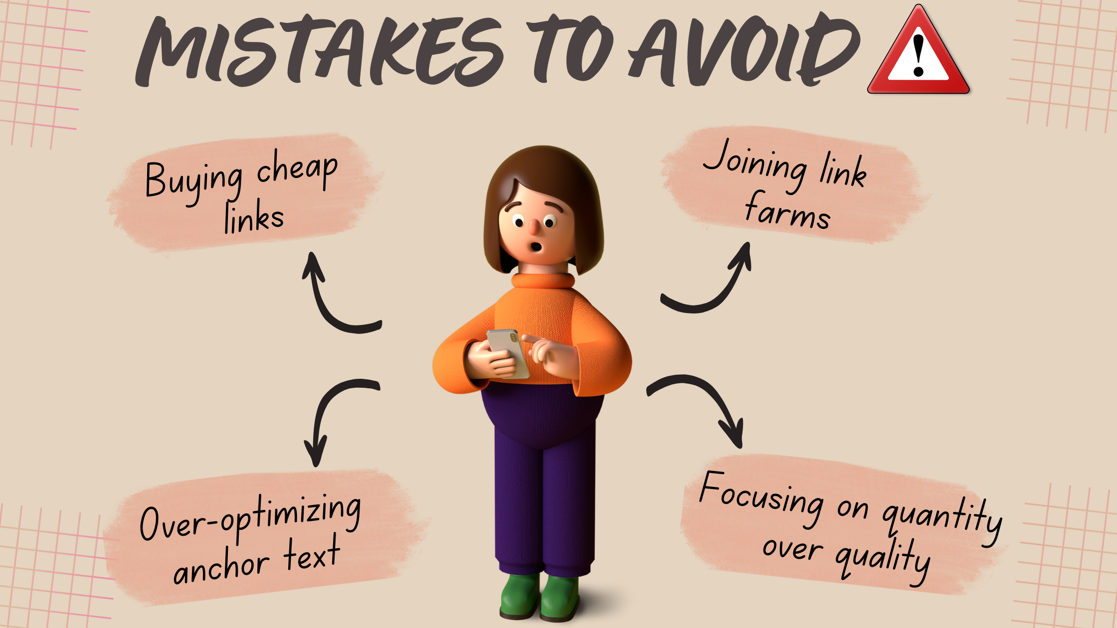 Illustration showing link building mistakes to avoid, including buying cheap links, joining link farms, over-optimizing anchor text, and focusing on quantity over quality