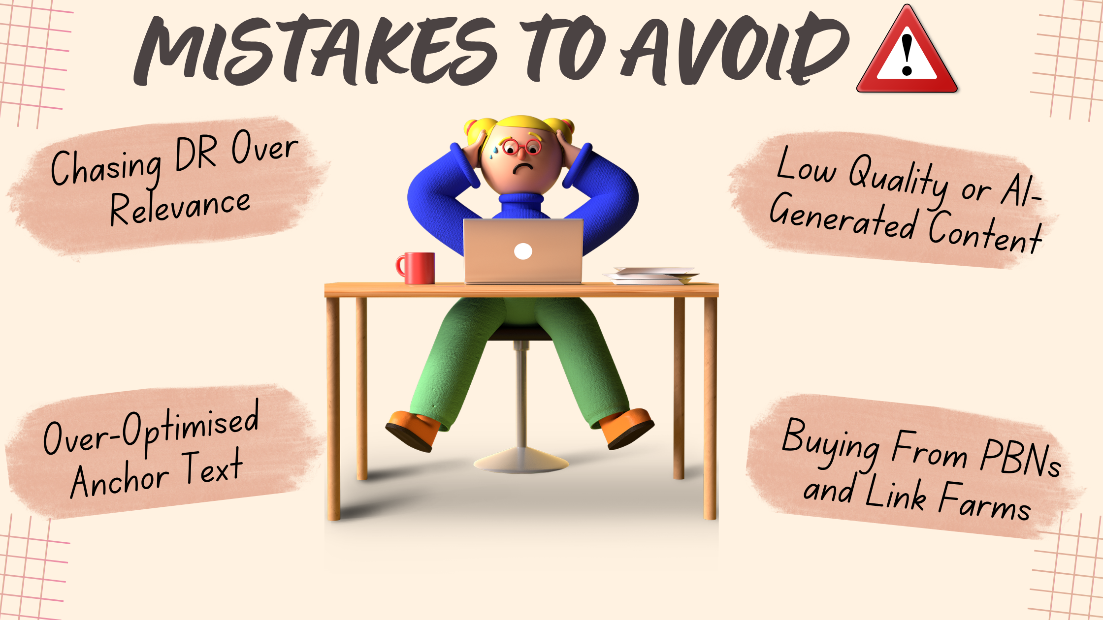 Illustration showing common guest posting mistakes, including chasing domain rating over relevance, using low-quality or AI-generated content, over-optimised anchor text, and buying links from PBNs and link farms, with a stressed person working on a laptop.