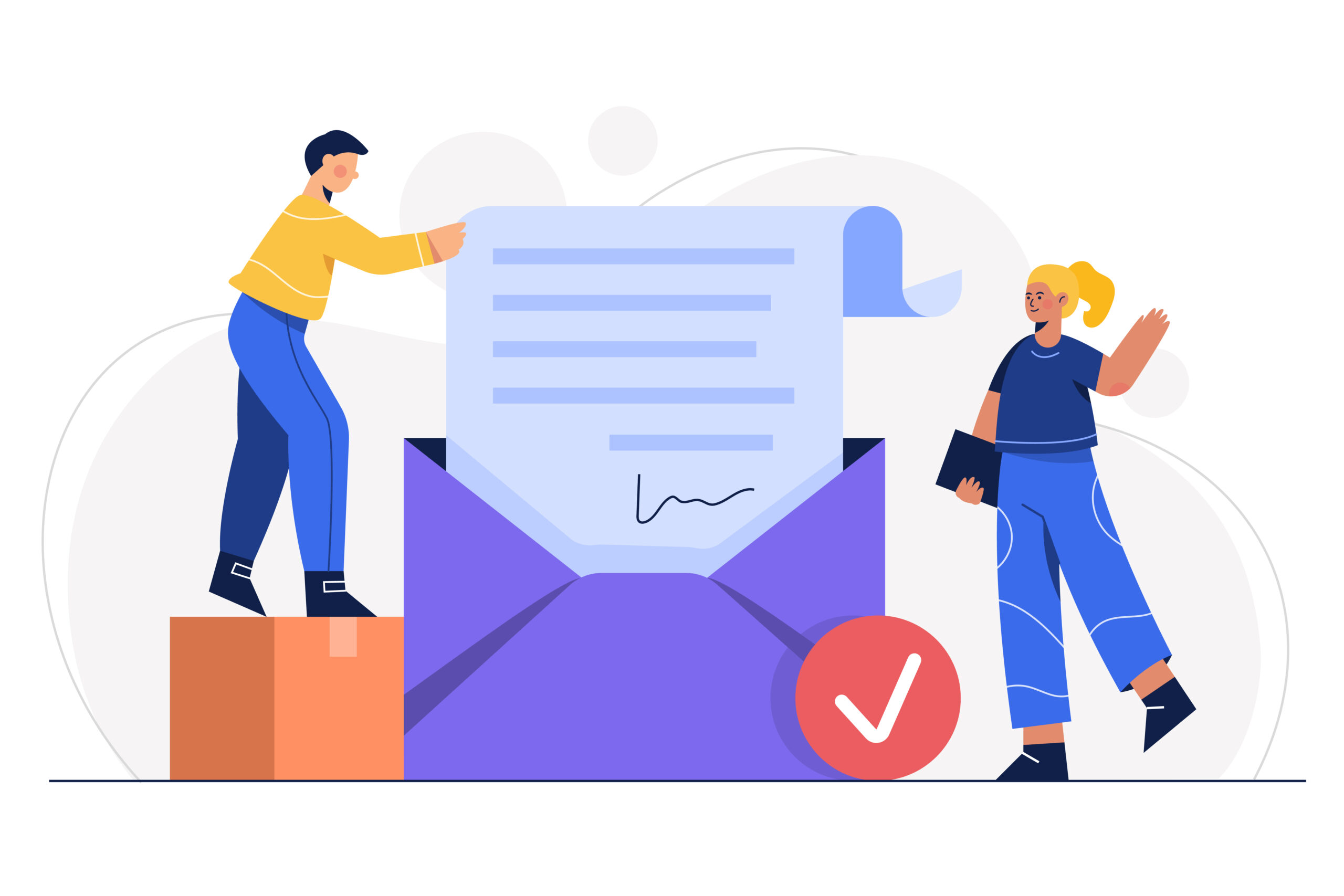 Illustration of guest post outreach showing two people interacting with a large email envelope and document, representing communication and link building outreach process.