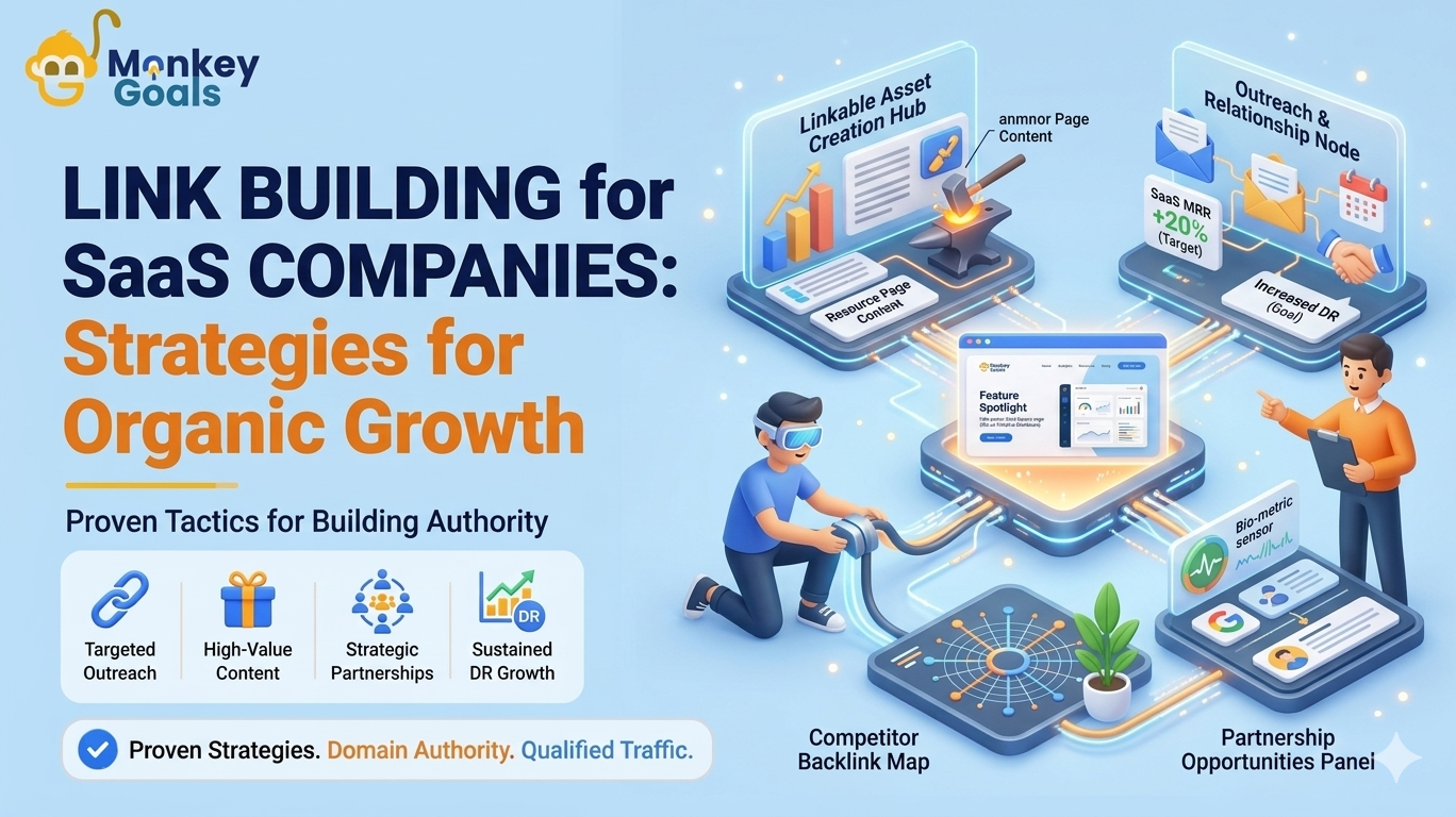 Illustration promoting link building strategies for SaaS companies, showing outreach, content creation, partnerships, and analytics dashboards connected to drive organic growth and domain authority.