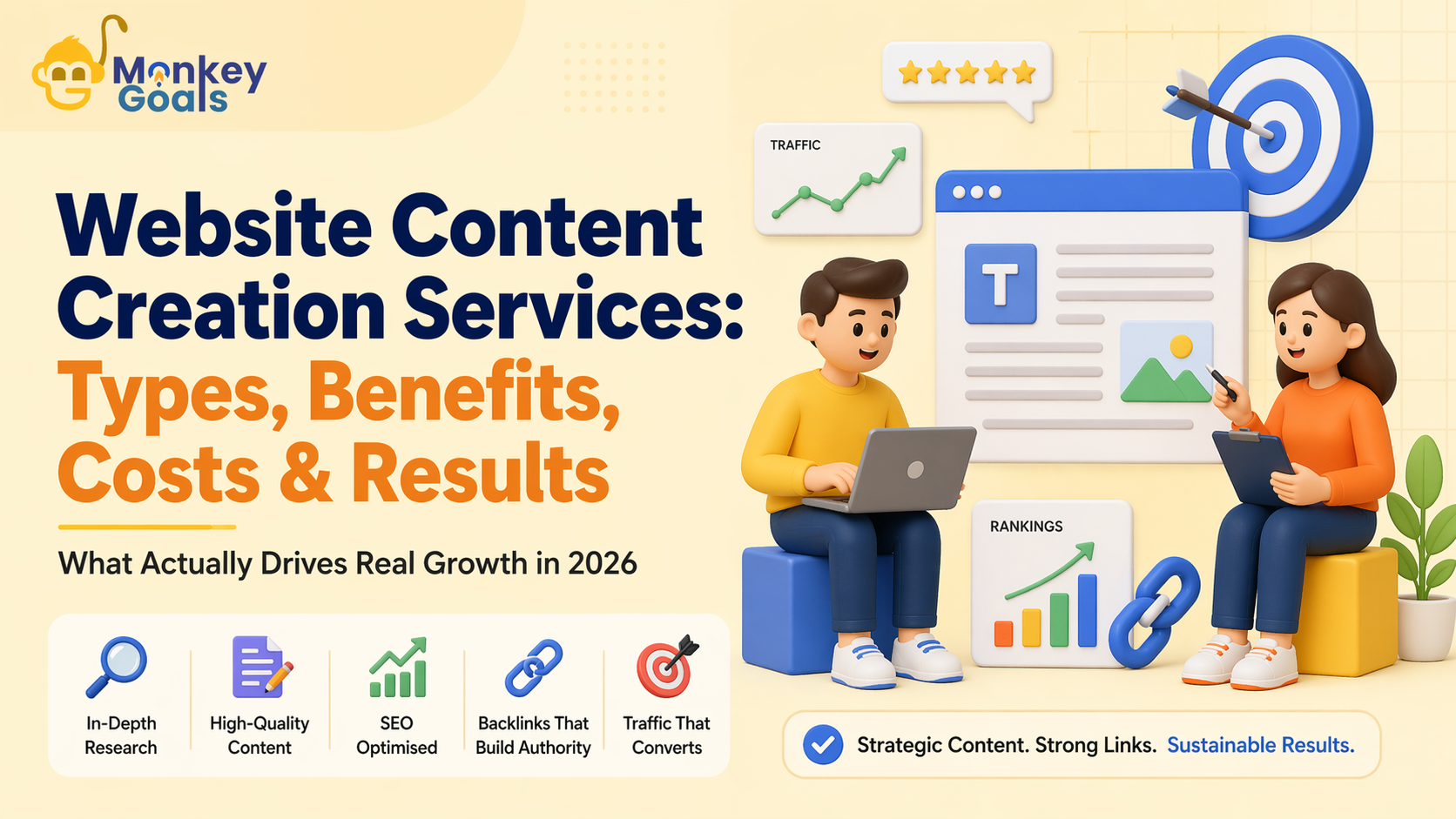 Website content creation services illustration showing SEO strategy, content writing, backlinks, and traffic growth with analytics dashboard and target icon