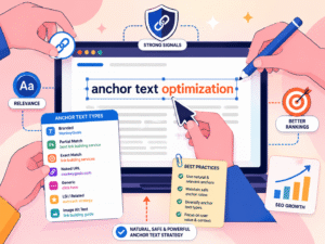 Illustration showing anchor text optimization in SEO with multiple hands editing content on a screen, replacing text with optimized anchor text signals for better search rankings