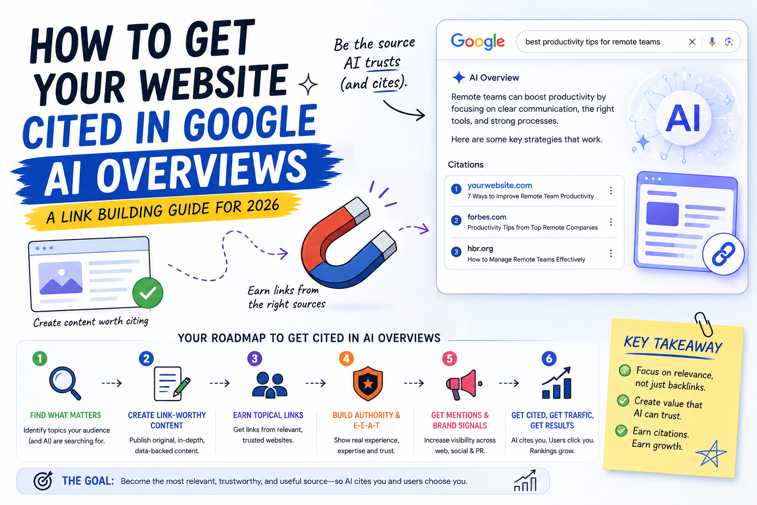 How to get your website cited in Google AI Overviews showing link building strategy, E-E-A-T, and earning authoritative backlinks for SEO growth in 2026