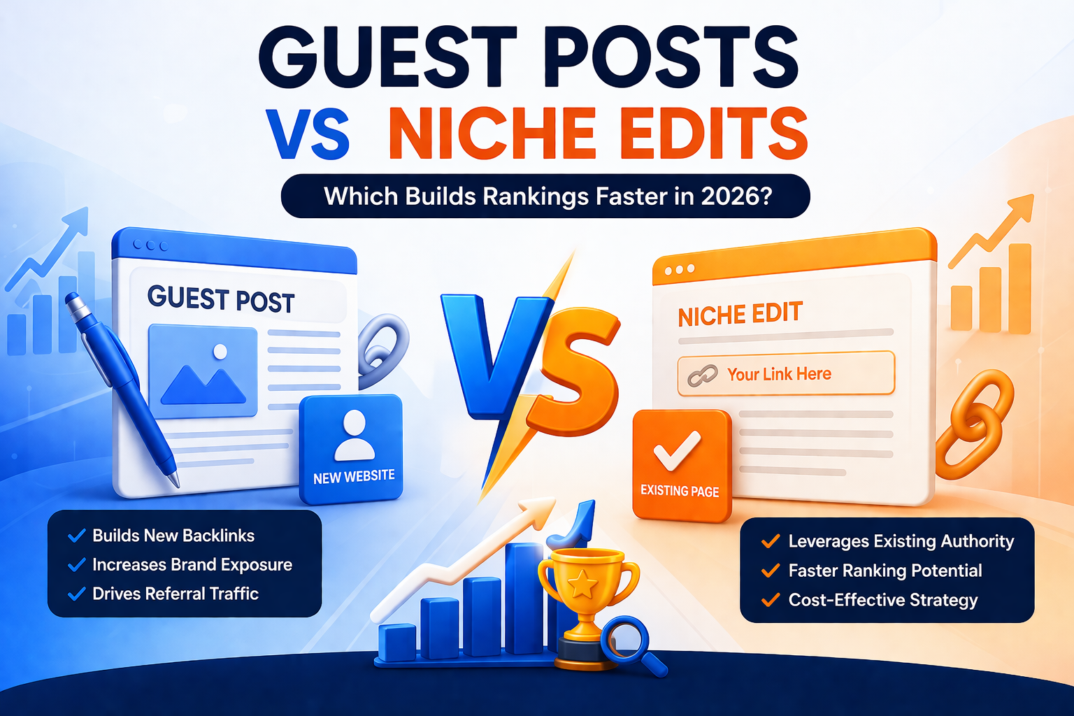 Illustration comparing guest posts vs niche edits by Monkey Goals