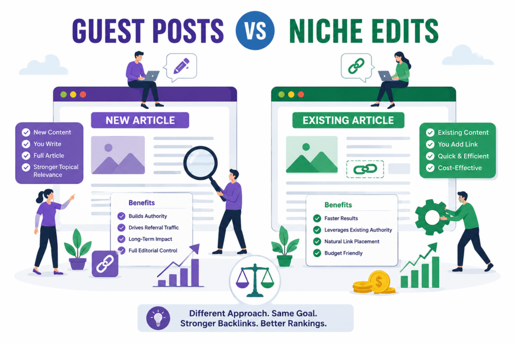 Illustration comparing guest posts vs niche edits, showing new article creation for guest posting versus adding links to existing content for niche edits, with benefits like authority building, faster results, and improved SEO rankings.