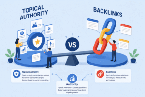 Topical authority vs backlinks infographic showing balance between content clusters and link building, highlighting how both signals work together to improve rankings in SEO 2026.