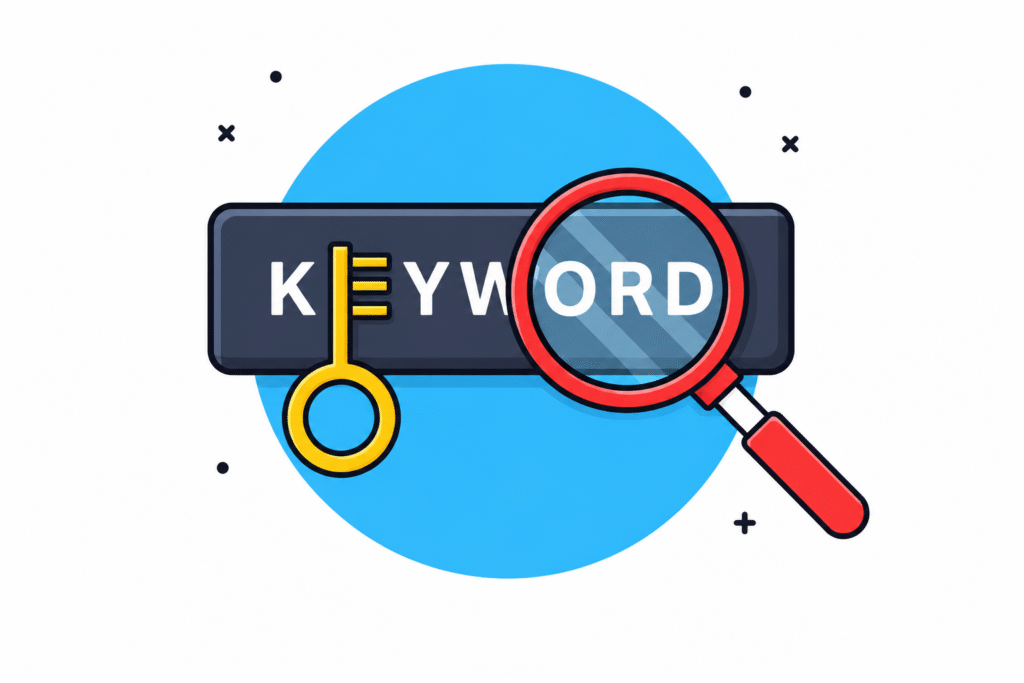 Keyword research illustration with a search bar, magnifying glass highlighting the word “keyword,” and a key icon symbolizing SEO analysis and search optimization.